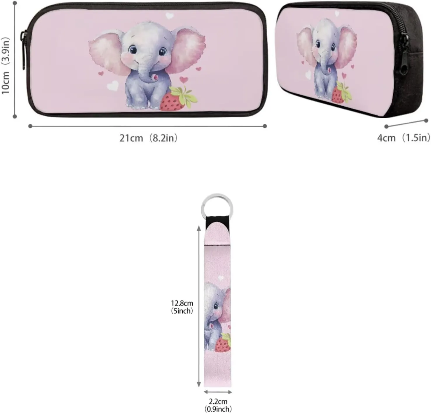Babrukda Elephant Print School Back Pack Set for Kids Insulated Lunch Bag with Pencil Case Organizer, 17 Inch School Backpack for Girls Pencil Box Case Storage with Keychain Lanyard Pink