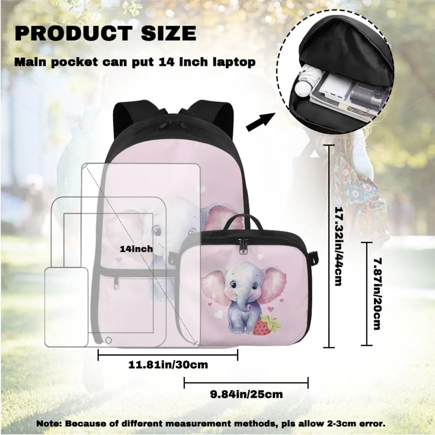 Babrukda Elephant Print School Back Pack Set for Kids Insulated Lunch Bag with Pencil Case Organizer, 17 Inch School Backpack for Girls Pencil Box Case Storage with Keychain Lanyard Pink