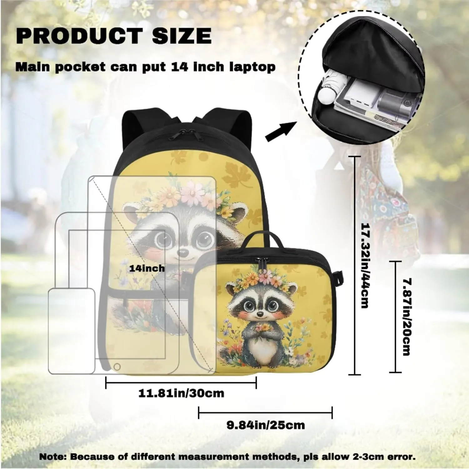 Babrukda Floral Raccoon 4Pcs Schoolbag Set for Teen Girls with Small Lunch Tote Bag, 17 Inch School Backpack with Pencil Case Organizer, Portable Insulated Food Storage Container with Keychain