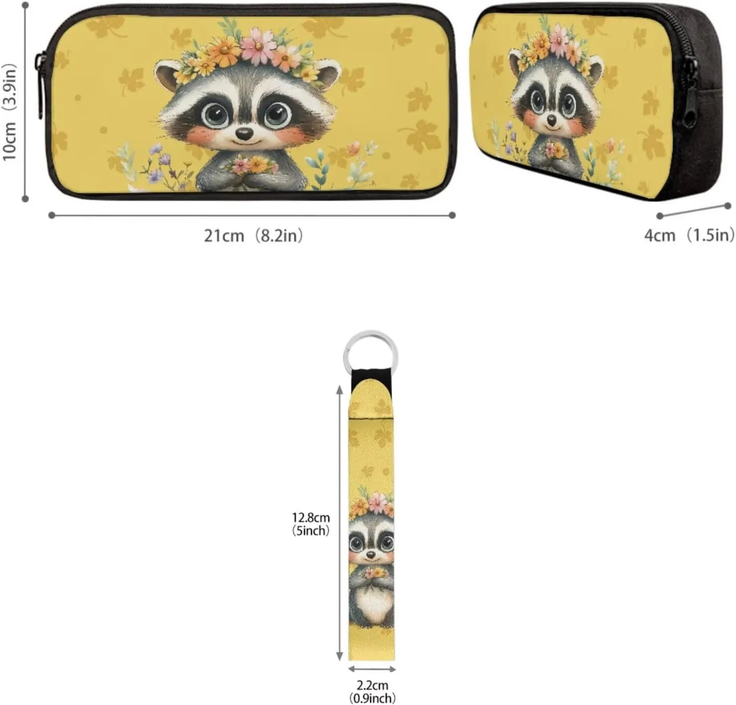 Babrukda Floral Raccoon 4Pcs Schoolbag Set for Teen Girls with Small Lunch Tote Bag, 17 Inch School Backpack with Pencil Case Organizer, Portable Insulated Food Storage Container with Keychain