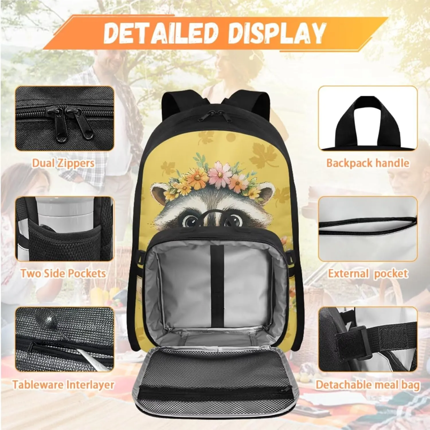 Babrukda Floral Raccoon 4Pcs Schoolbag Set for Teen Girls with Small Lunch Tote Bag, 17 Inch School Backpack with Pencil Case Organizer, Portable Insulated Food Storage Container with Keychain