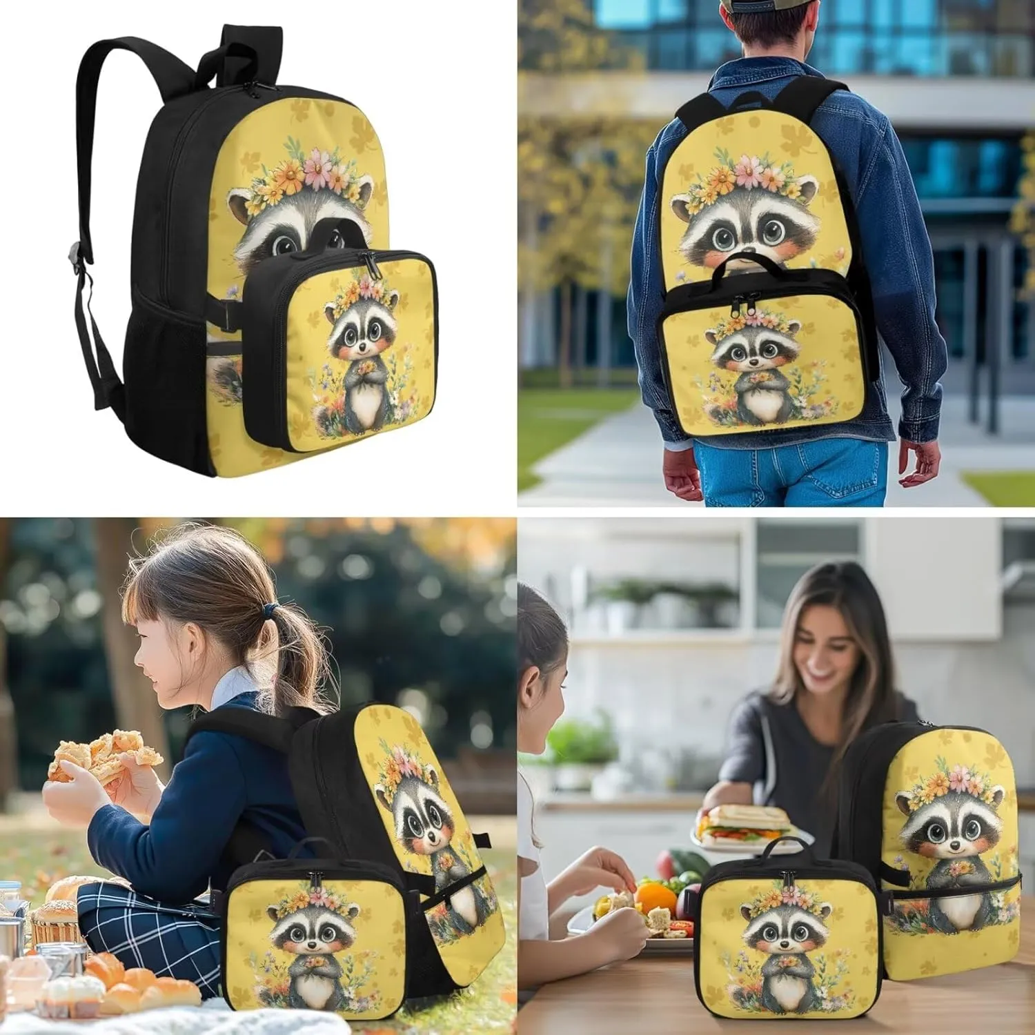 Babrukda Floral Raccoon 4Pcs Schoolbag Set for Teen Girls with Small Lunch Tote Bag, 17 Inch School Backpack with Pencil Case Organizer, Portable Insulated Food Storage Container with Keychain