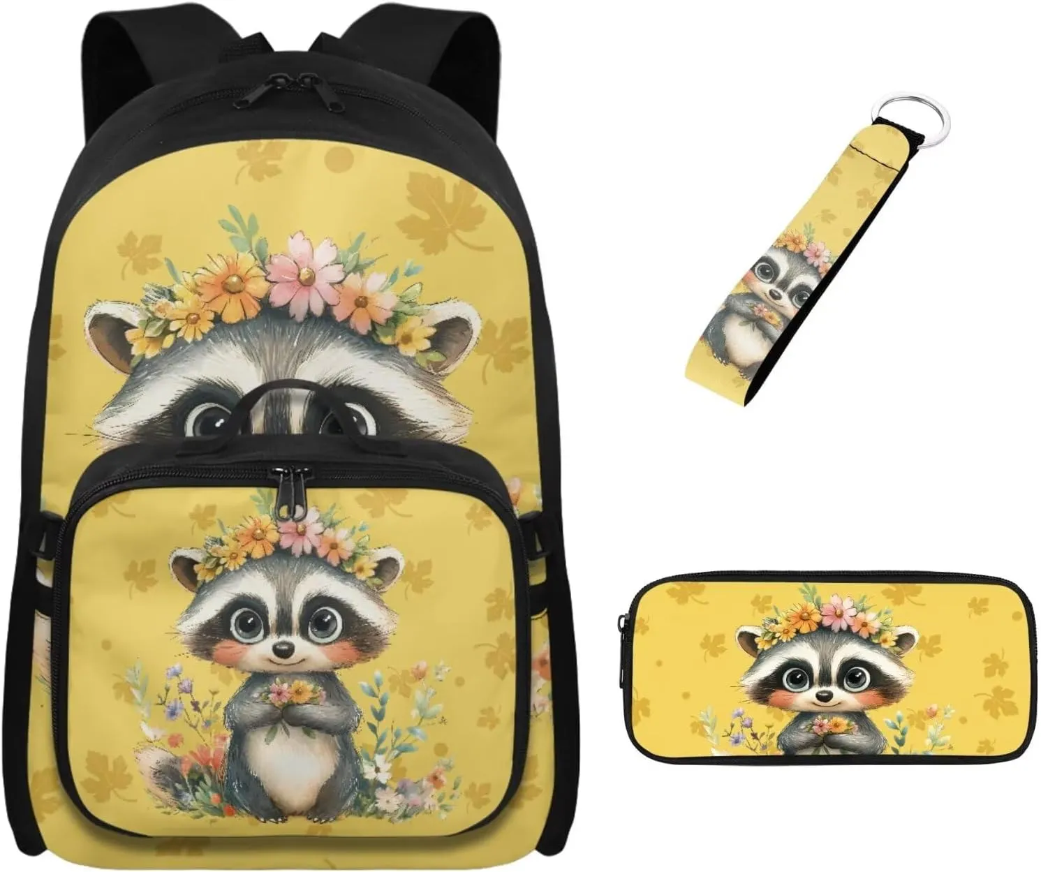 Babrukda Floral Raccoon 4Pcs Schoolbag Set for Teen Girls with Small Lunch Tote Bag, 17 Inch School Backpack with Pencil Case Organizer, Portable Insulated Food Storage Container with Keychain