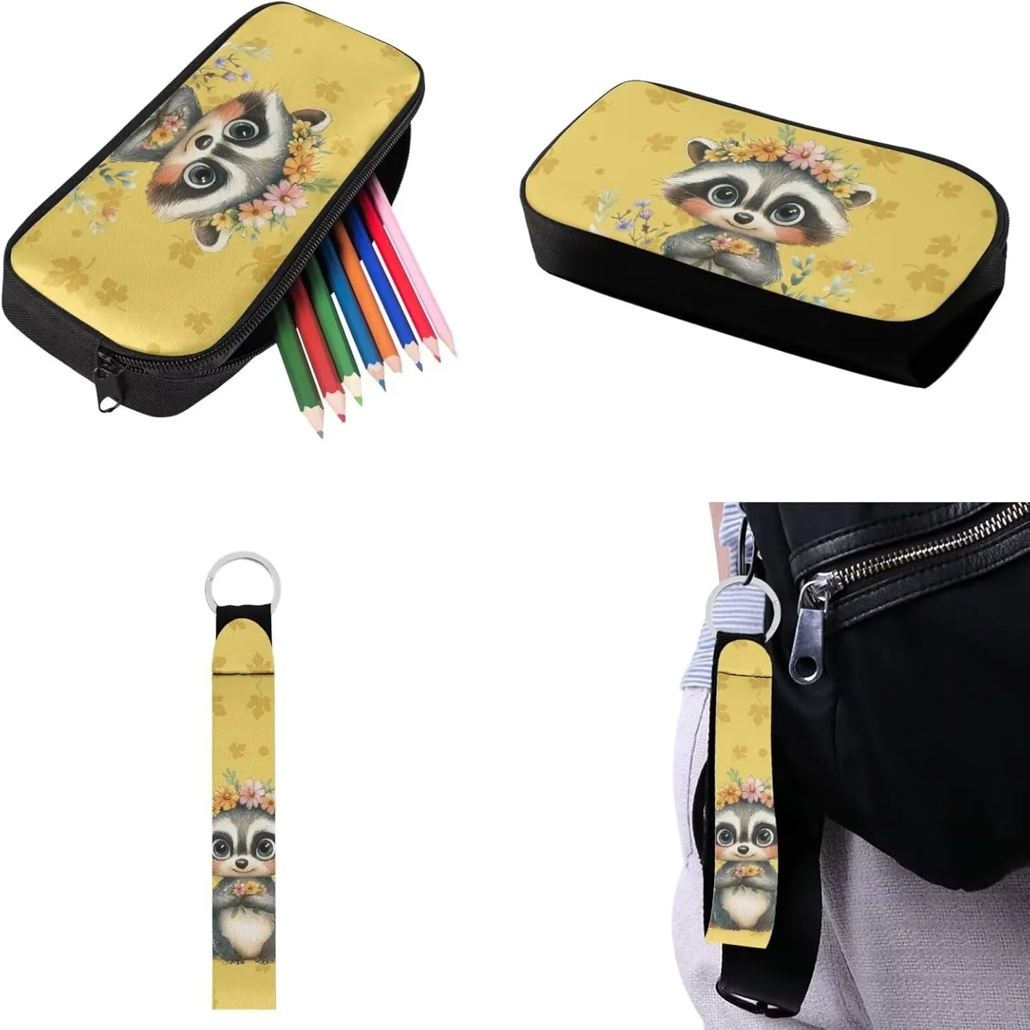Babrukda Floral Raccoon 4Pcs Schoolbag Set for Teen Girls with Small Lunch Tote Bag, 17 Inch School Backpack with Pencil Case Organizer, Portable Insulated Food Storage Container with Keychain