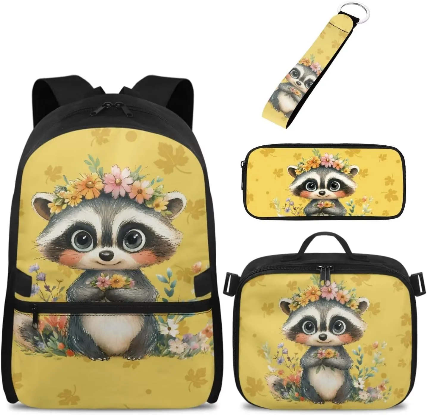 Babrukda Floral Raccoon 4Pcs Schoolbag Set for Teen Girls with Small Lunch Tote Bag, 17 Inch School Backpack with Pencil Case Organizer, Portable Insulated Food Storage Container with Keychain