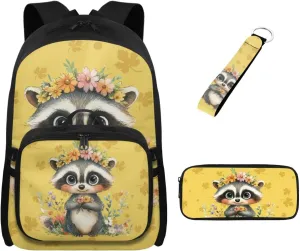 Babrukda Floral Raccoon 4Pcs Schoolbag Set for Teen Girls with Small Lunch Tote Bag, 17 Inch School Backpack with Pencil Case Organizer, Portable Insulated Food Storage Container with Keychain