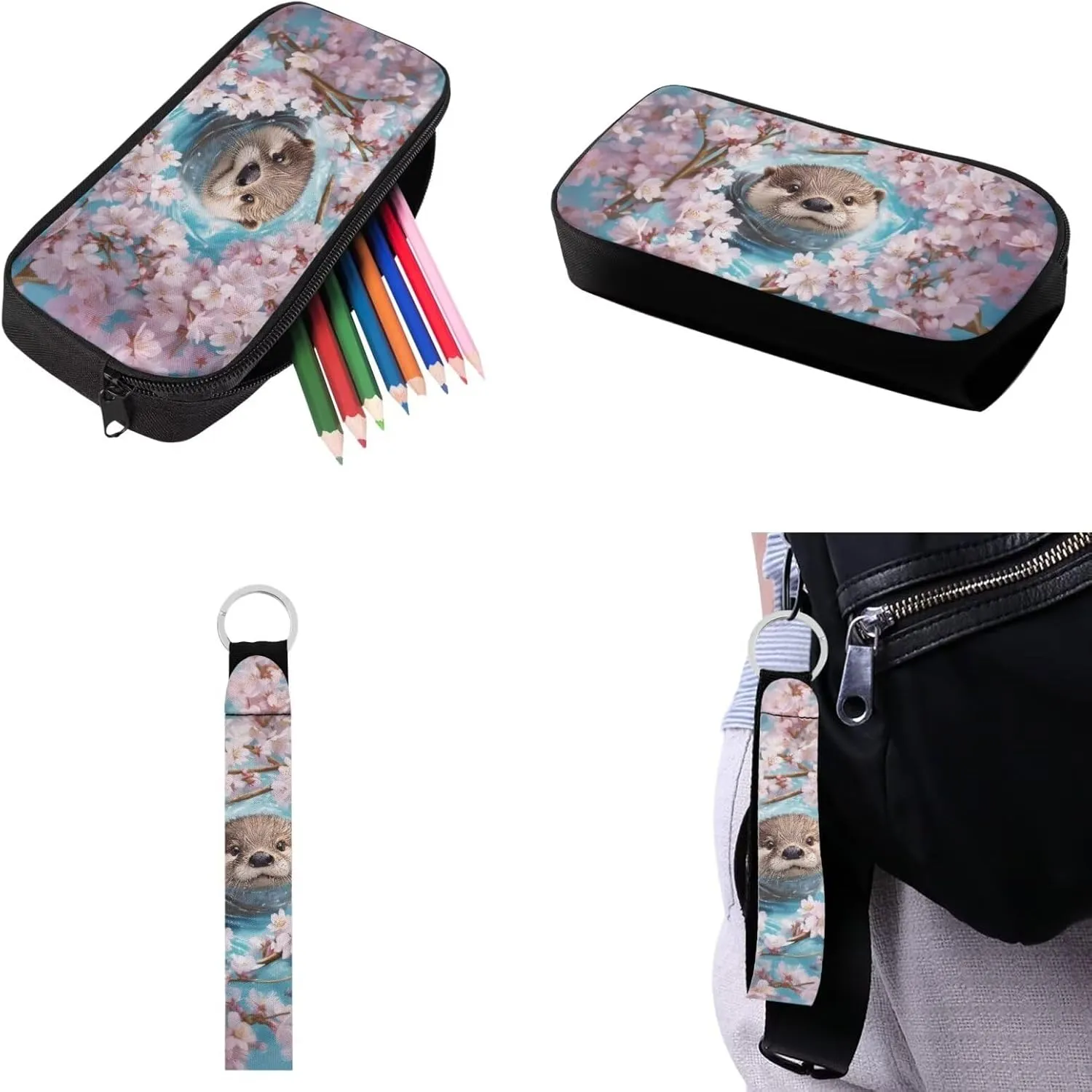 Babrukda Insulated Lunch Bag for Kids School Backpack Set with Pencil Box Case Storage, Portable Lunch Tote Bag for Girls Pencil Case Organizer with Keychain Lanyard, Cherry Blossoms Sea Otter