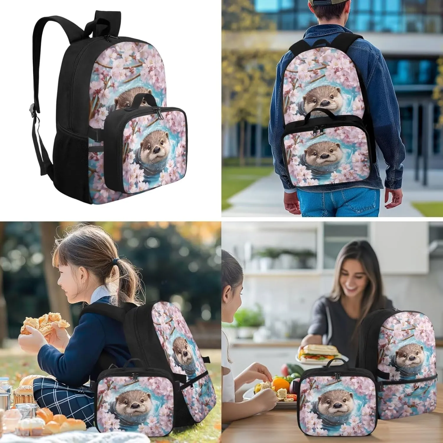Babrukda Insulated Lunch Bag for Kids School Backpack Set with Pencil Box Case Storage, Portable Lunch Tote Bag for Girls Pencil Case Organizer with Keychain Lanyard, Cherry Blossoms Sea Otter