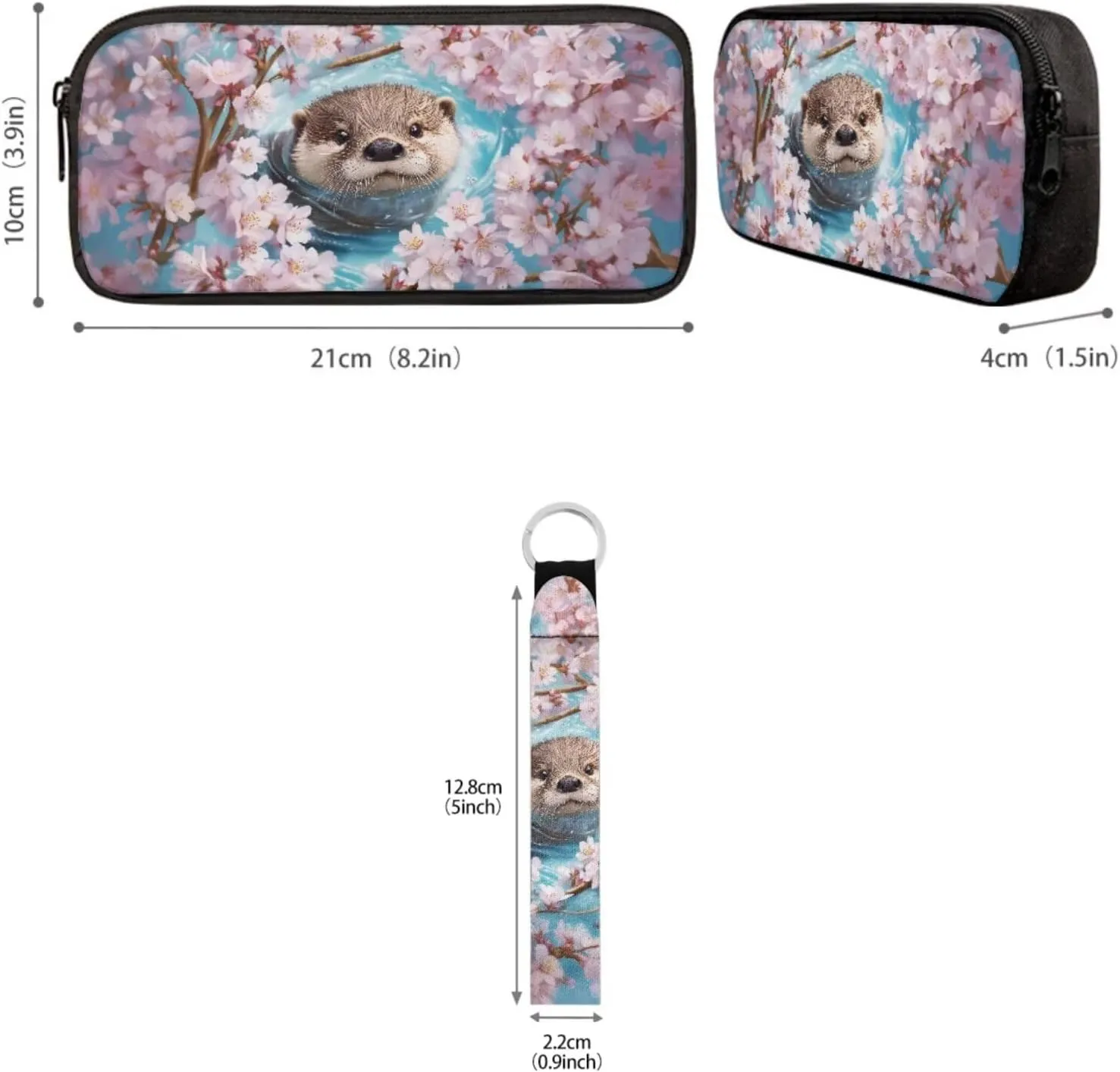 Babrukda Insulated Lunch Bag for Kids School Backpack Set with Pencil Box Case Storage, Portable Lunch Tote Bag for Girls Pencil Case Organizer with Keychain Lanyard, Cherry Blossoms Sea Otter