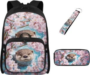 Babrukda Insulated Lunch Bag for Kids School Backpack Set with Pencil Box Case Storage, Portable Lunch Tote Bag for Girls Pencil Case Organizer with Keychain Lanyard, Cherry Blossoms Sea Otter