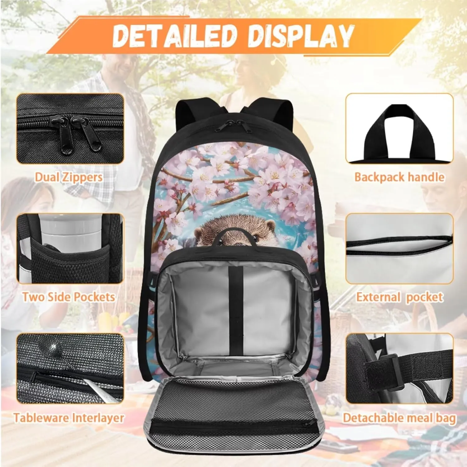 Babrukda Insulated Lunch Bag for Kids School Backpack Set with Pencil Box Case Storage, Portable Lunch Tote Bag for Girls Pencil Case Organizer with Keychain Lanyard, Cherry Blossoms Sea Otter