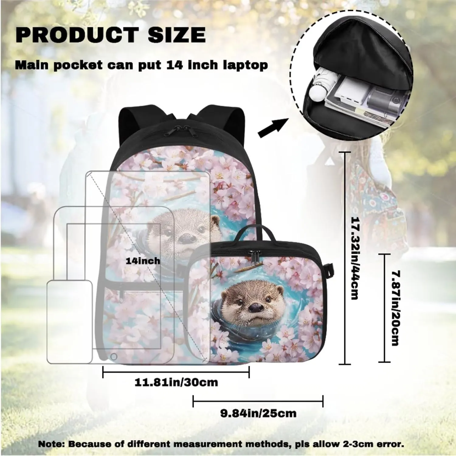 Babrukda Insulated Lunch Bag for Kids School Backpack Set with Pencil Box Case Storage, Portable Lunch Tote Bag for Girls Pencil Case Organizer with Keychain Lanyard, Cherry Blossoms Sea Otter