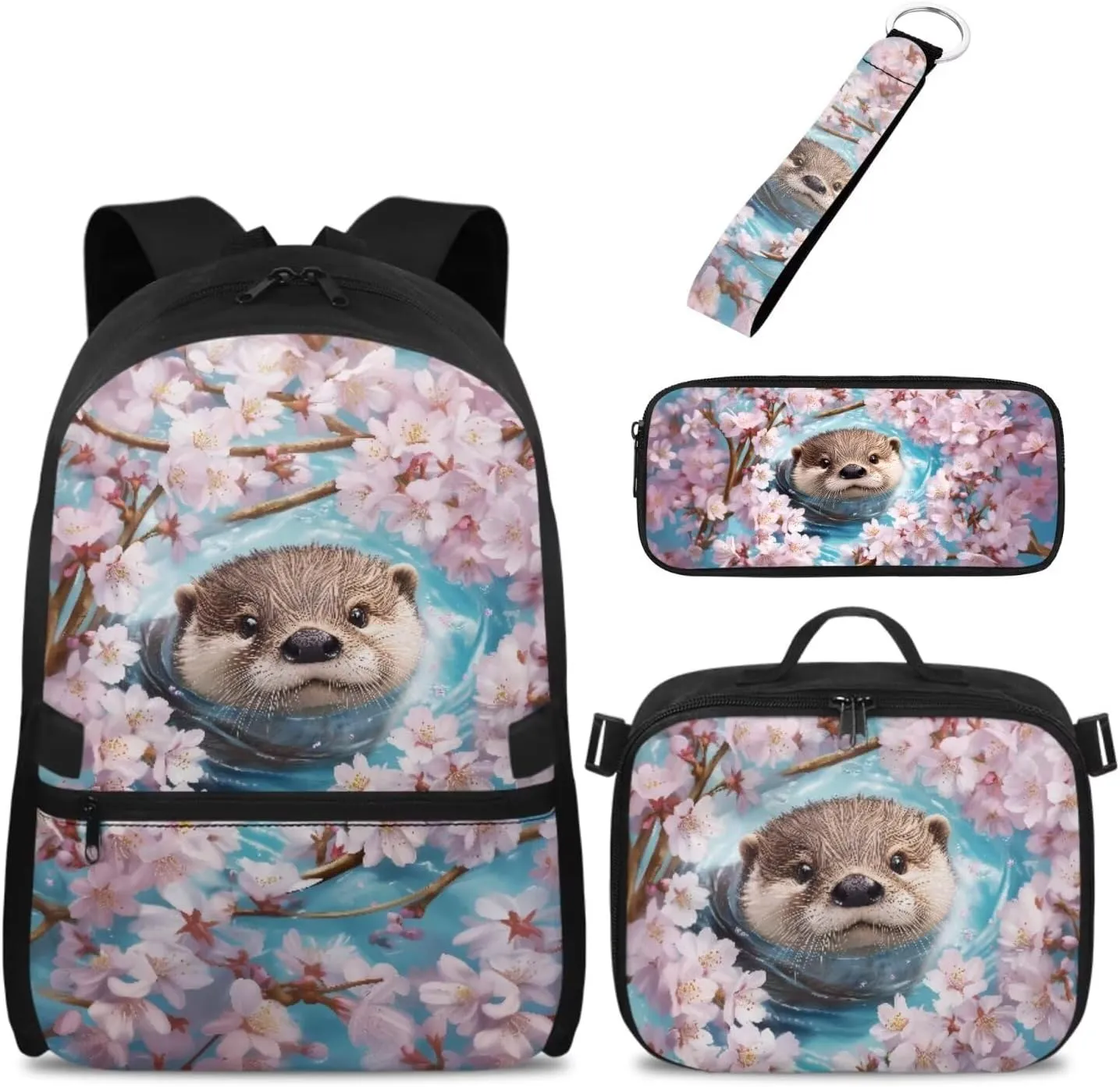 Babrukda Insulated Lunch Bag for Kids School Backpack Set with Pencil Box Case Storage, Portable Lunch Tote Bag for Girls Pencil Case Organizer with Keychain Lanyard, Cherry Blossoms Sea Otter