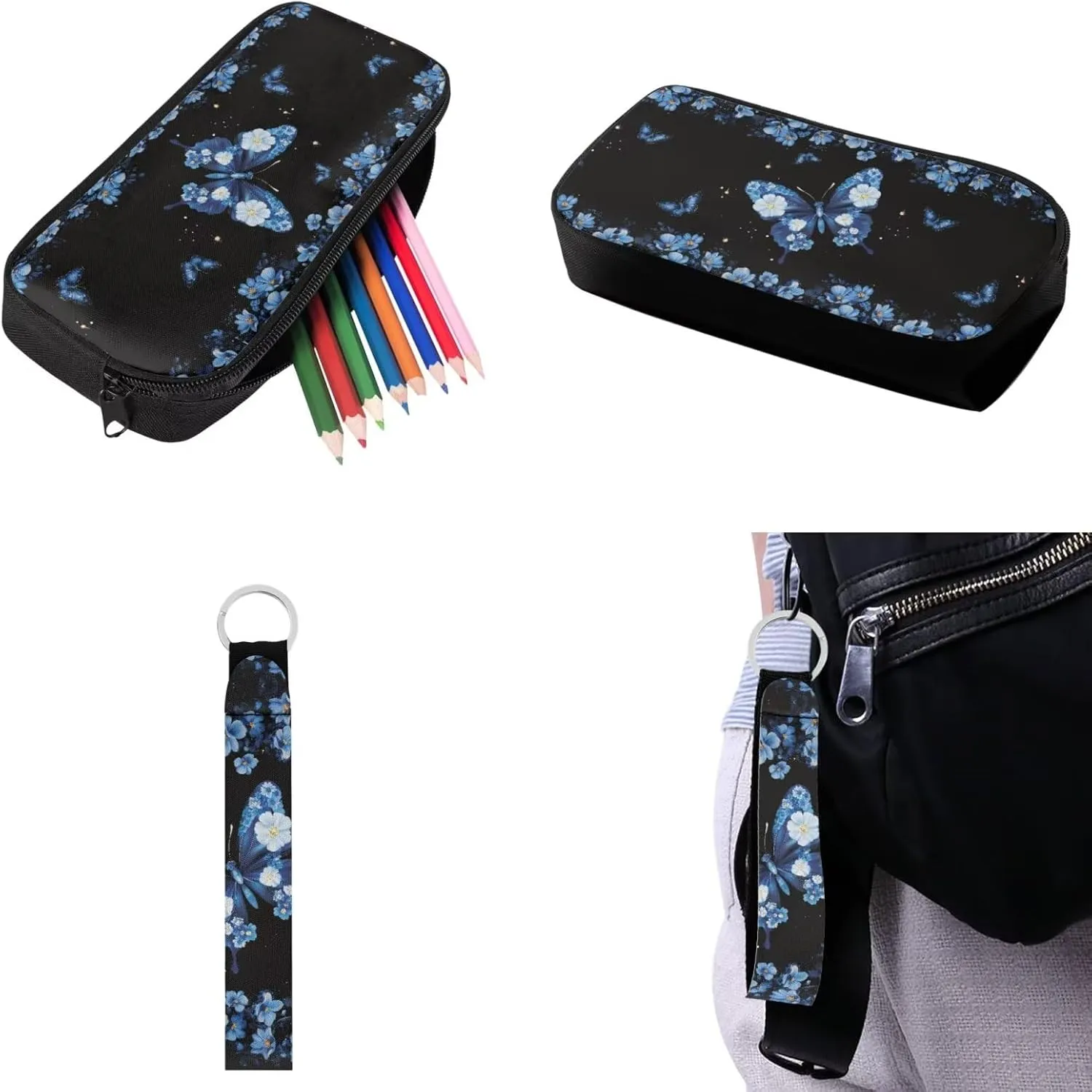 Babrukda Insulated Lunch Bag Set for Kids School Backpack with Pencil Box Case Storage, Small Lunch Tote Bag for Girls 17 Inch Day Backpack with Wristlet Keychain, Blue Floral Butterfly