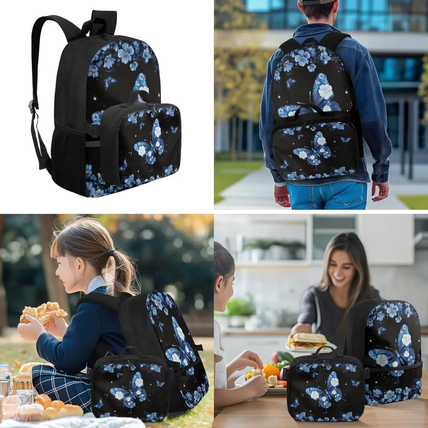 Babrukda Insulated Lunch Bag Set for Kids School Backpack with Pencil Box Case Storage, Small Lunch Tote Bag for Girls 17 Inch Day Backpack with Wristlet Keychain, Blue Floral Butterfly