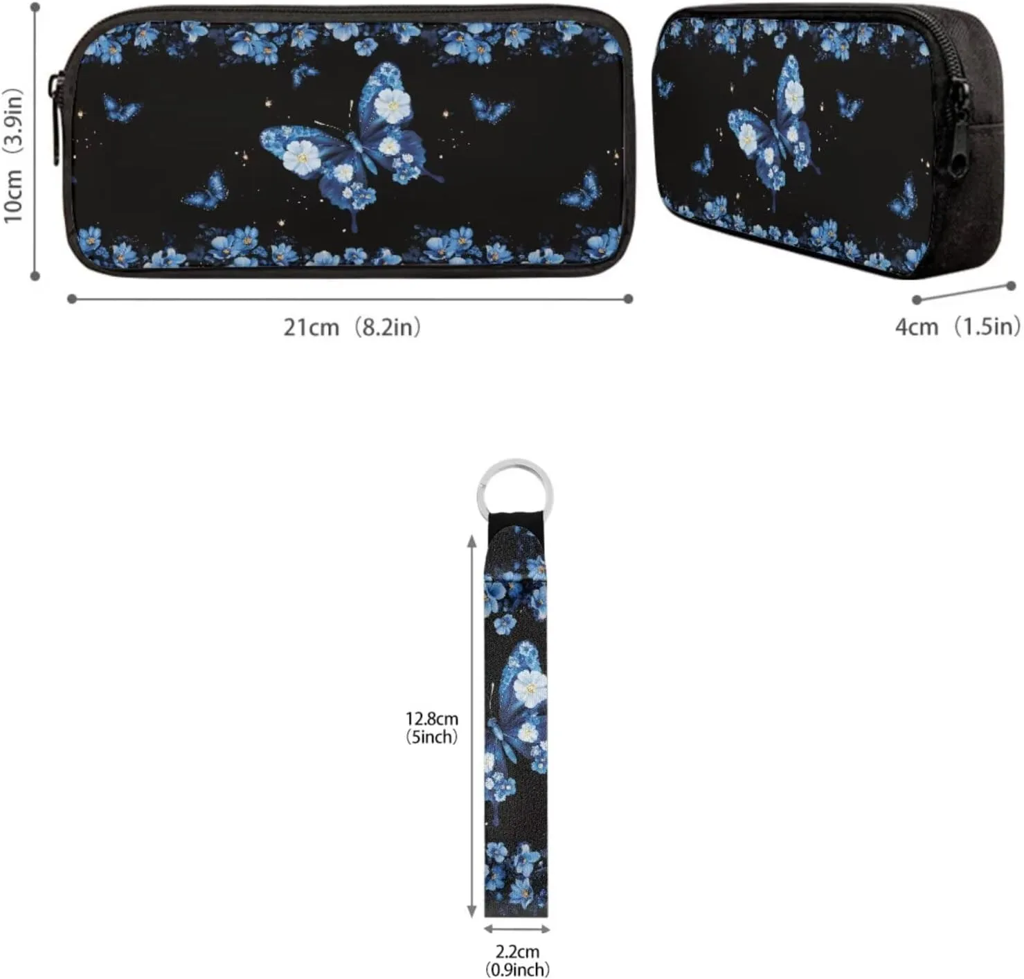 Babrukda Insulated Lunch Bag Set for Kids School Backpack with Pencil Box Case Storage, Small Lunch Tote Bag for Girls 17 Inch Day Backpack with Wristlet Keychain, Blue Floral Butterfly