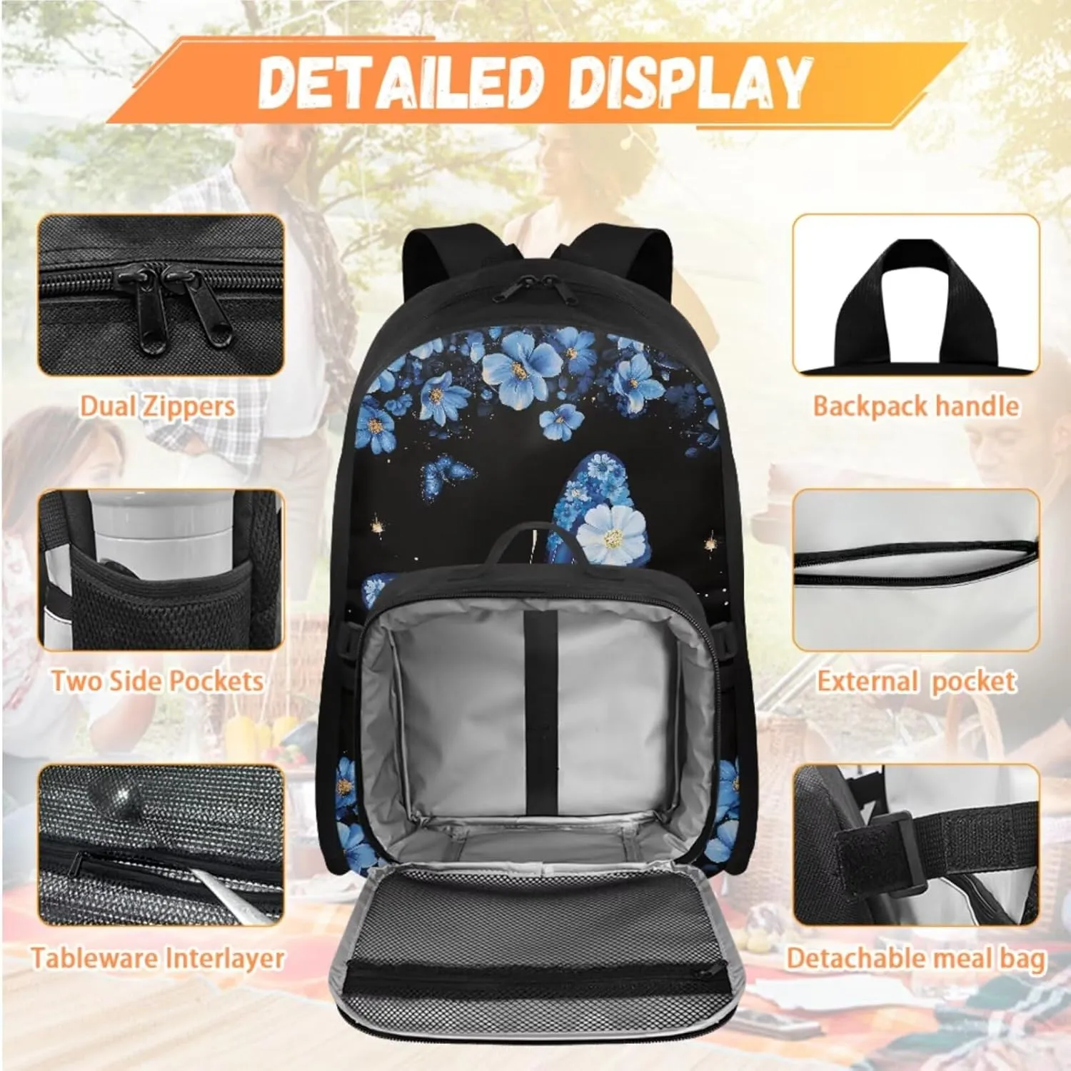 Babrukda Insulated Lunch Bag Set for Kids School Backpack with Pencil Box Case Storage, Small Lunch Tote Bag for Girls 17 Inch Day Backpack with Wristlet Keychain, Blue Floral Butterfly