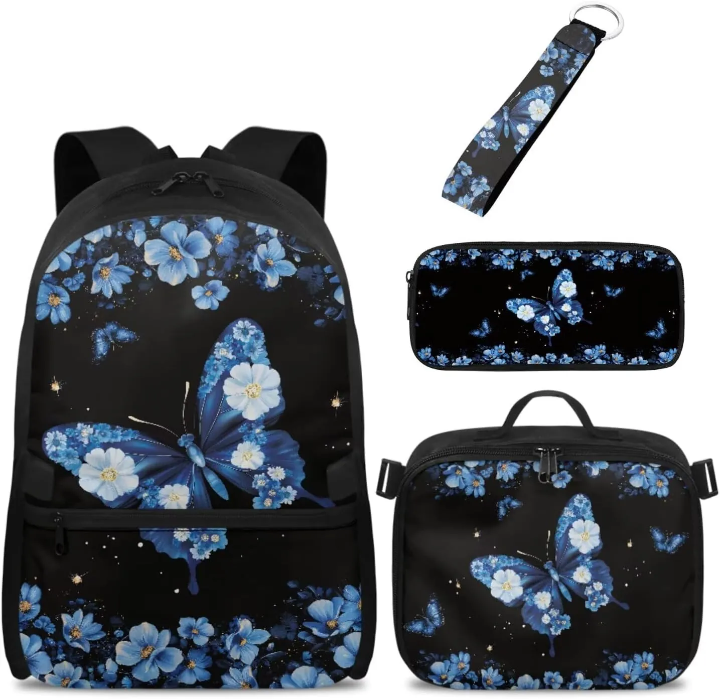 Babrukda Insulated Lunch Bag Set for Kids School Backpack with Pencil Box Case Storage, Small Lunch Tote Bag for Girls 17 Inch Day Backpack with Wristlet Keychain, Blue Floral Butterfly
