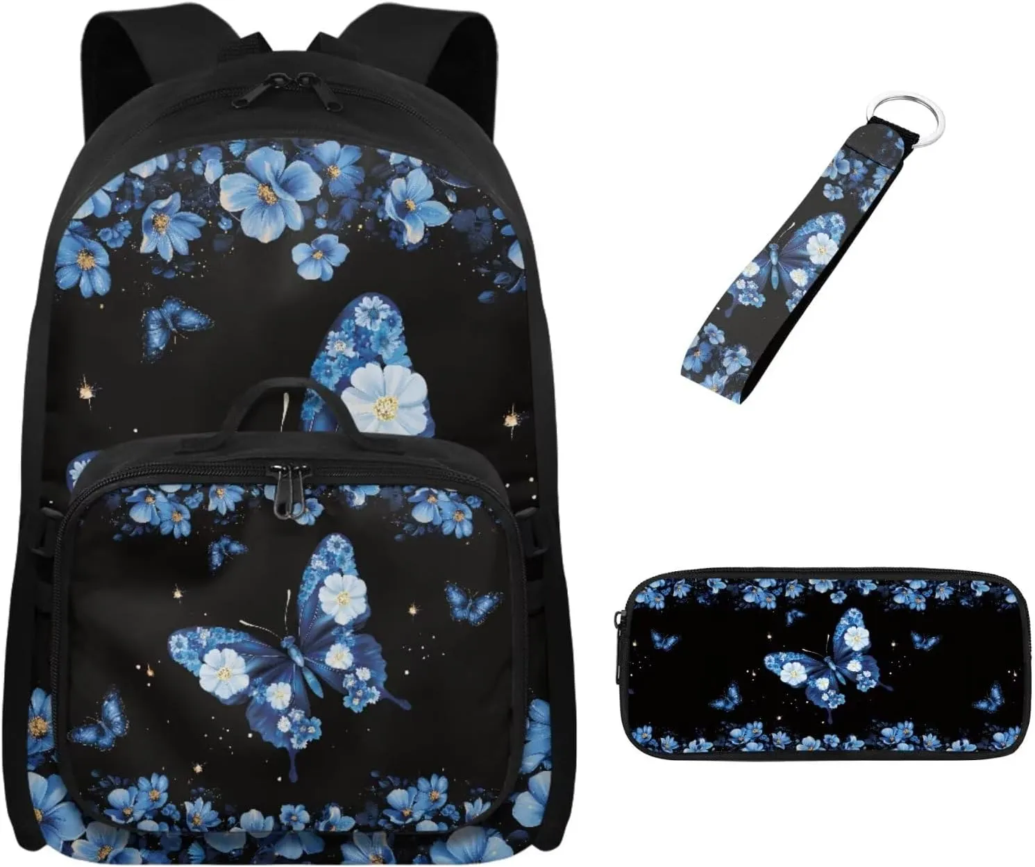 Babrukda Insulated Lunch Bag Set for Kids School Backpack with Pencil Box Case Storage, Small Lunch Tote Bag for Girls 17 Inch Day Backpack with Wristlet Keychain, Blue Floral Butterfly