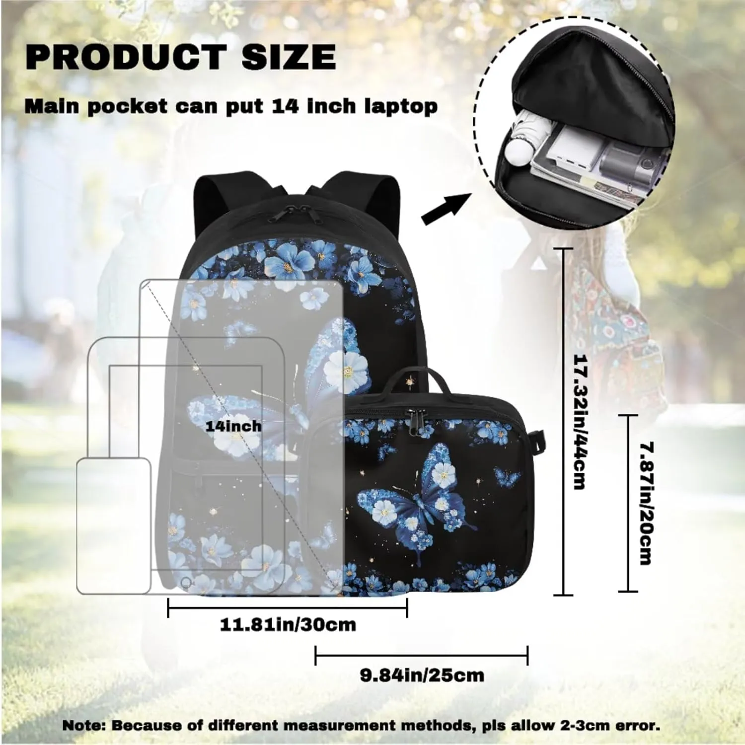 Babrukda Insulated Lunch Bag Set for Kids School Backpack with Pencil Box Case Storage, Small Lunch Tote Bag for Girls 17 Inch Day Backpack with Wristlet Keychain, Blue Floral Butterfly