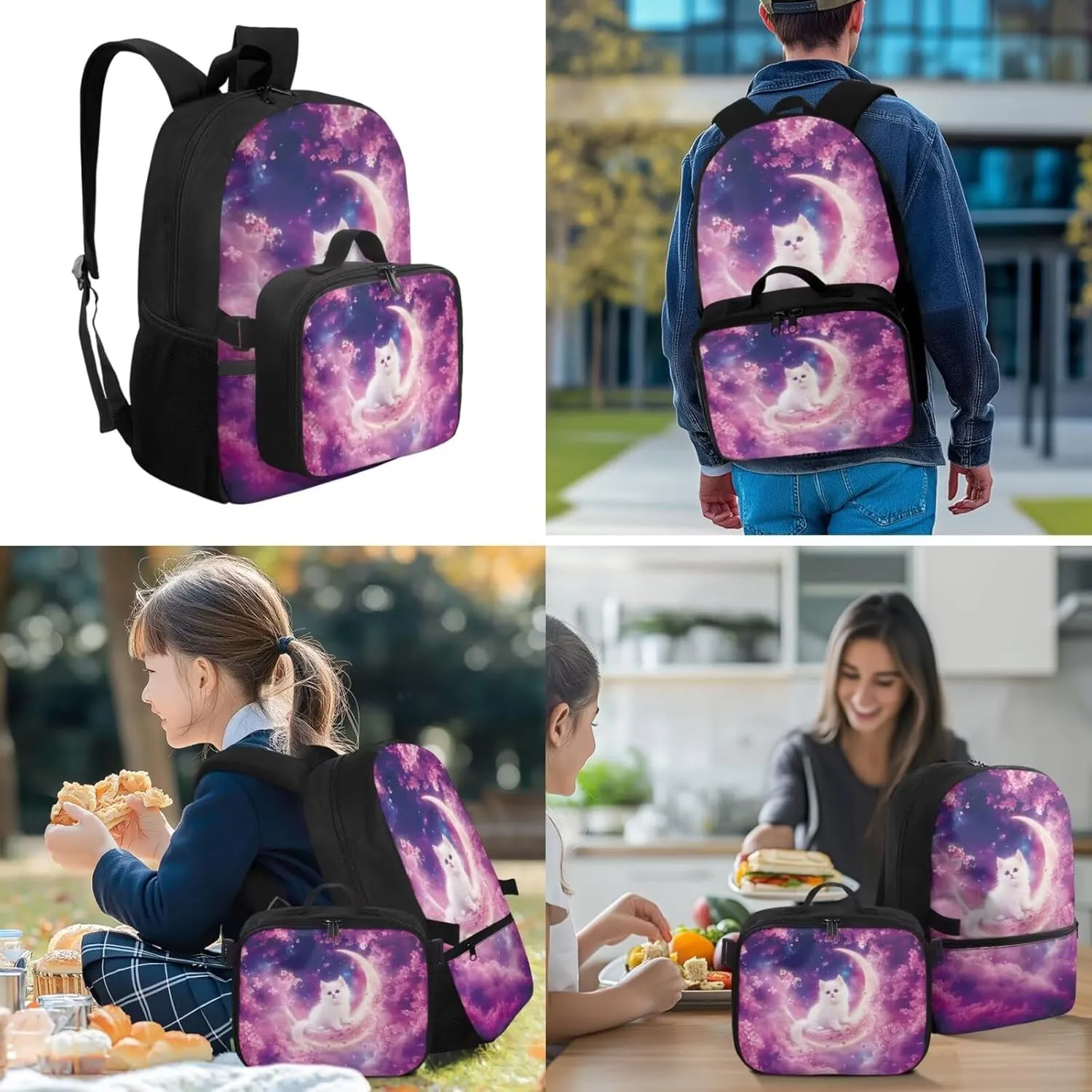 Babrukda Kids Backpacks Set for Girls Insulated Lunch Bag with Portable Pencil Case Organizer Mini Lunch Tote Bag for Picnic Hiking School Supplies for Kids Wrist Keychain, Cherry Blossoms Cat