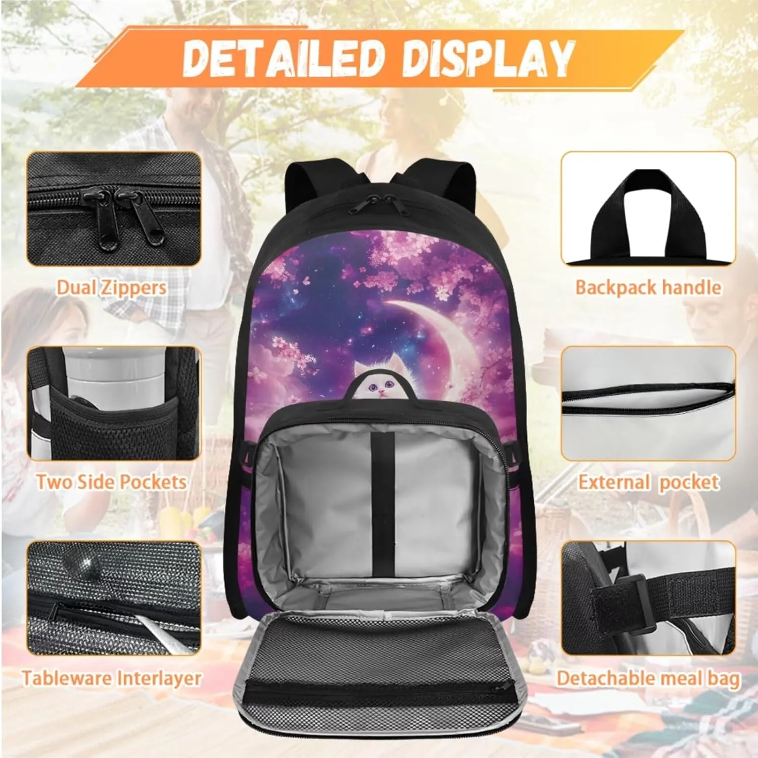 Babrukda Kids Backpacks Set for Girls Insulated Lunch Bag with Portable Pencil Case Organizer Mini Lunch Tote Bag for Picnic Hiking School Supplies for Kids Wrist Keychain, Cherry Blossoms Cat