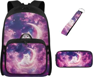 Babrukda Kids Backpacks Set for Girls Insulated Lunch Bag with Portable Pencil Case Organizer Mini Lunch Tote Bag for Picnic Hiking School Supplies for Kids Wrist Keychain, Cherry Blossoms Cat