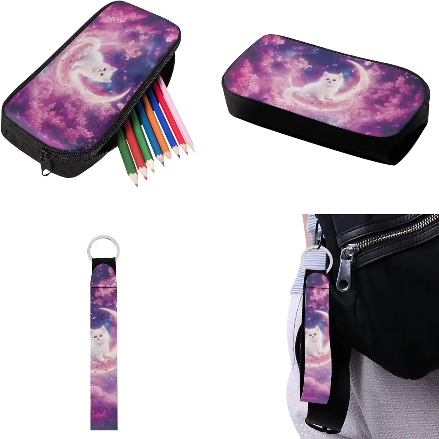 Babrukda Kids Backpacks Set for Girls Insulated Lunch Bag with Portable Pencil Case Organizer Mini Lunch Tote Bag for Picnic Hiking School Supplies for Kids Wrist Keychain, Cherry Blossoms Cat