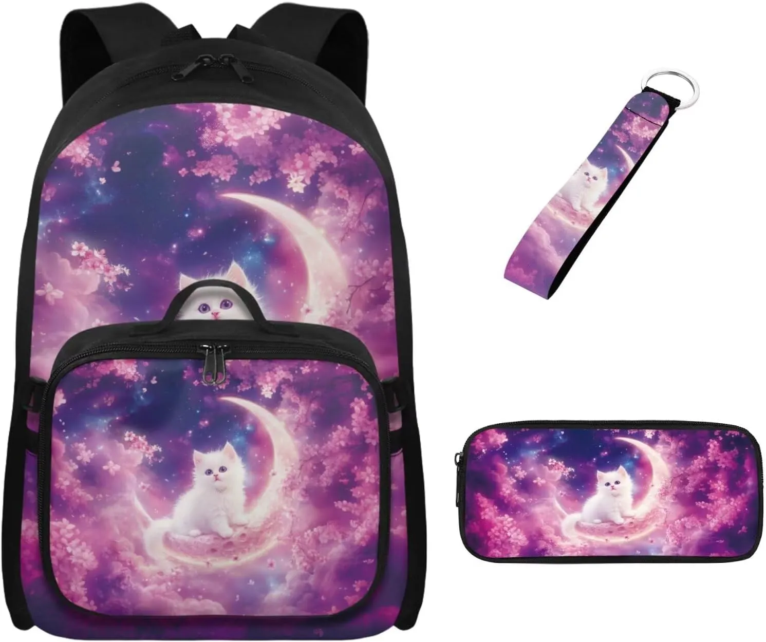 Babrukda Kids Backpacks Set for Girls Insulated Lunch Bag with Portable Pencil Case Organizer Mini Lunch Tote Bag for Picnic Hiking School Supplies for Kids Wrist Keychain, Cherry Blossoms Cat