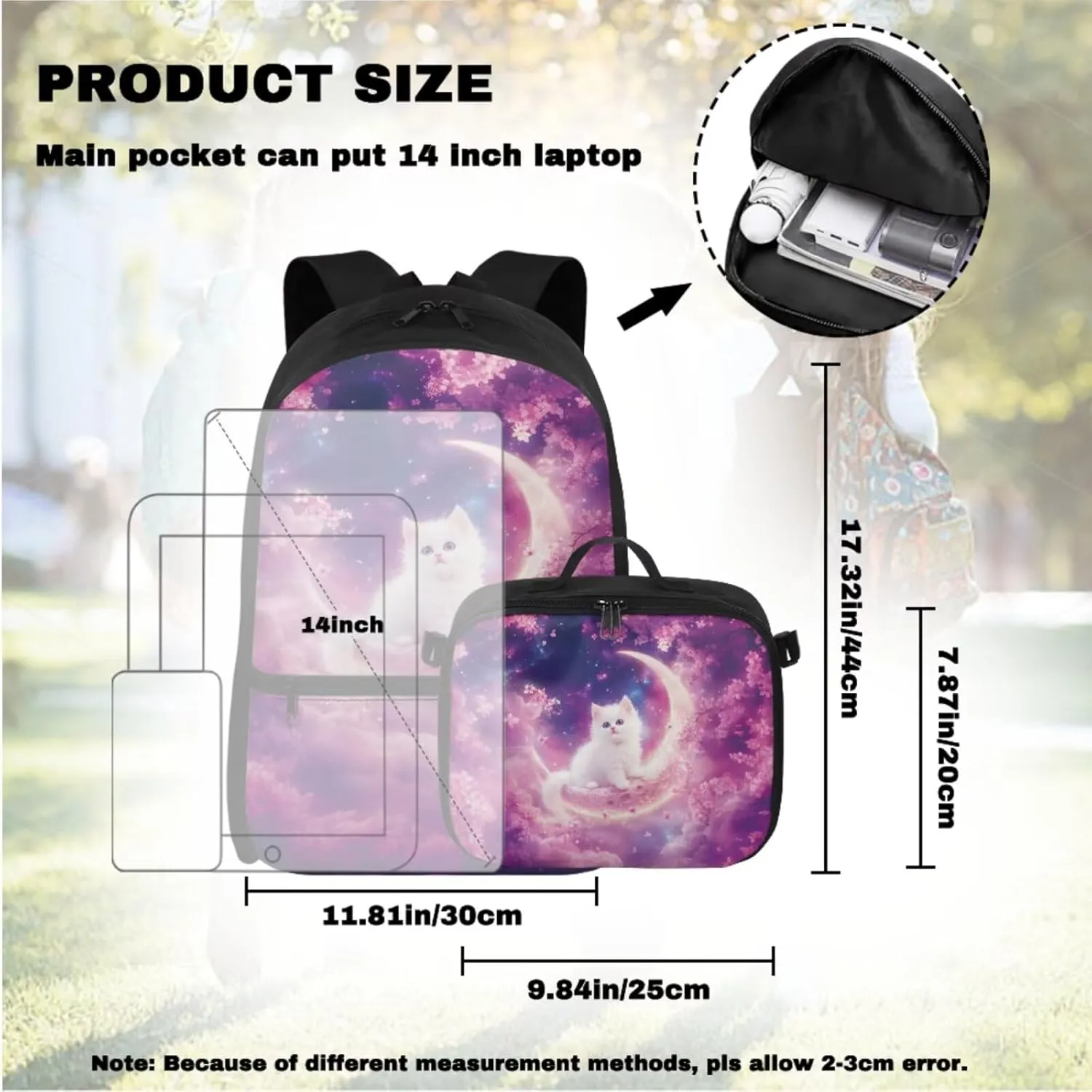 Babrukda Kids Backpacks Set for Girls Insulated Lunch Bag with Portable Pencil Case Organizer Mini Lunch Tote Bag for Picnic Hiking School Supplies for Kids Wrist Keychain, Cherry Blossoms Cat