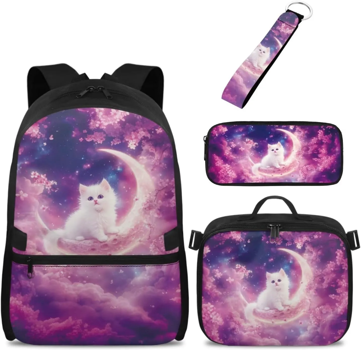 Babrukda Kids Backpacks Set for Girls Insulated Lunch Bag with Portable Pencil Case Organizer Mini Lunch Tote Bag for Picnic Hiking School Supplies for Kids Wrist Keychain, Cherry Blossoms Cat