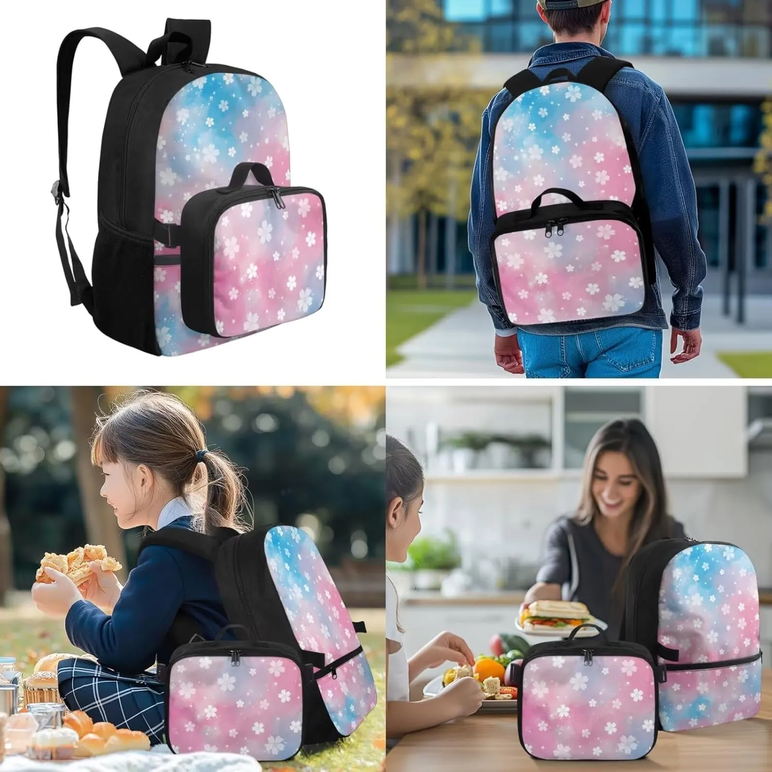 Babrukda Kids Outdoor Backpack Set with Insulated Lunch Bag, 4Pcs School Suppies Set for Girls 17 Inch School Backpack Set with Pencil Case Storage, Cherry Blossoms Keychain Lanyard