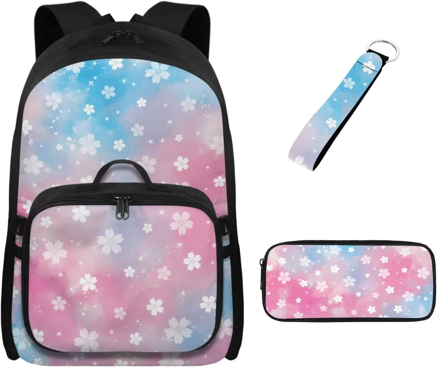 Babrukda Kids Outdoor Backpack Set with Insulated Lunch Bag, 4Pcs School Suppies Set for Girls 17 Inch School Backpack Set with Pencil Case Storage, Cherry Blossoms Keychain Lanyard