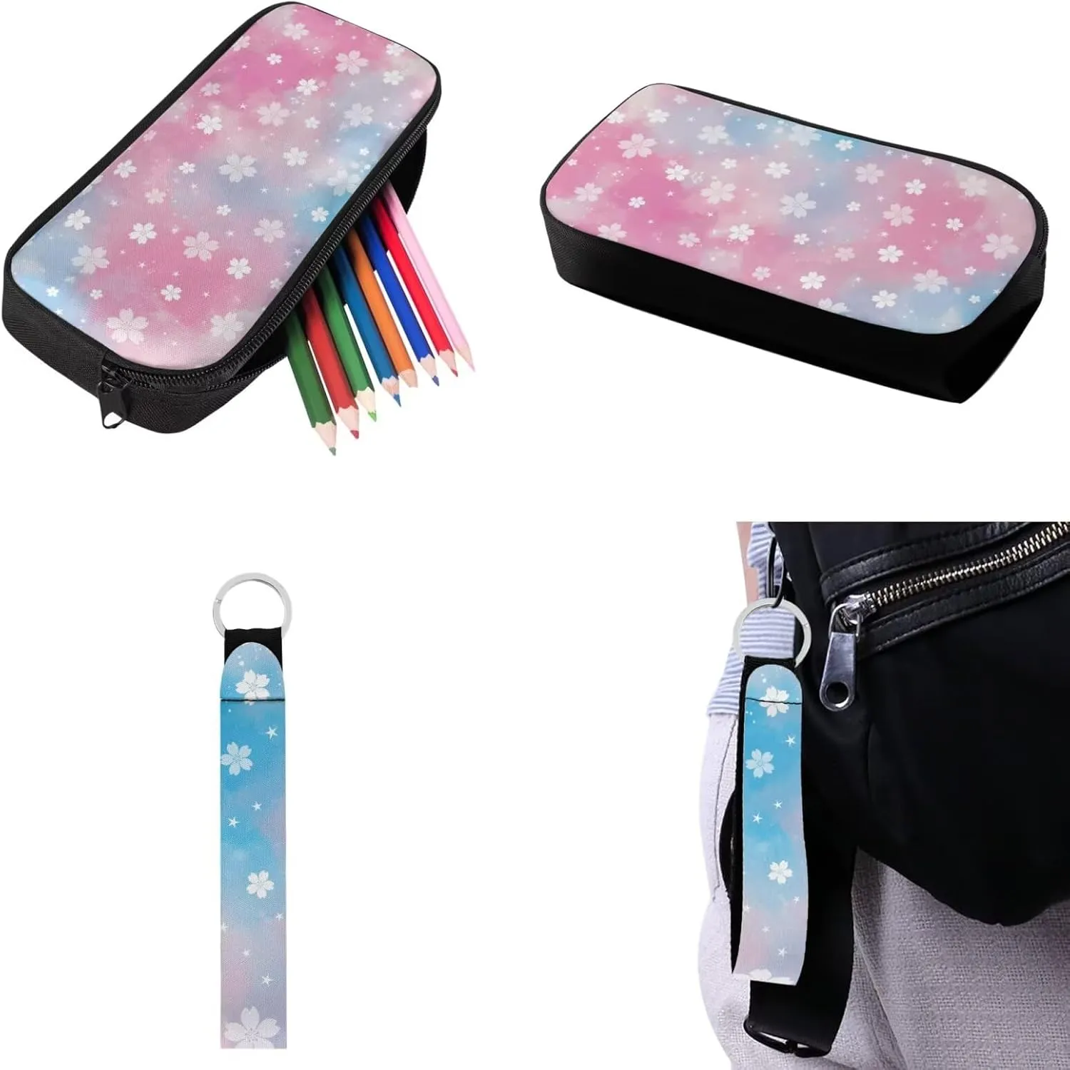 Babrukda Kids Outdoor Backpack Set with Insulated Lunch Bag, 4Pcs School Suppies Set for Girls 17 Inch School Backpack Set with Pencil Case Storage, Cherry Blossoms Keychain Lanyard