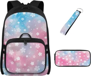 Babrukda Kids Outdoor Backpack Set with Insulated Lunch Bag, 4Pcs School Suppies Set for Girls 17 Inch School Backpack Set with Pencil Case Storage, Cherry Blossoms Keychain Lanyard