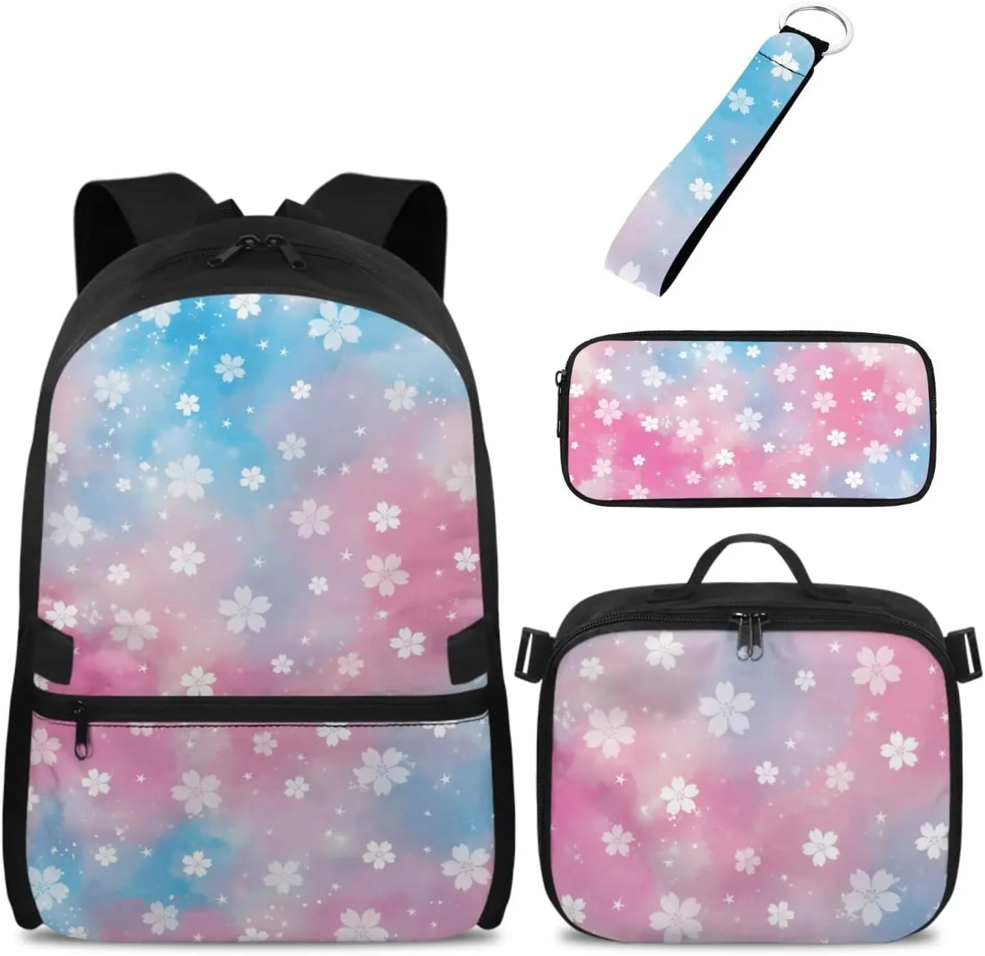 Babrukda Kids Outdoor Backpack Set with Insulated Lunch Bag, 4Pcs School Suppies Set for Girls 17 Inch School Backpack Set with Pencil Case Storage, Cherry Blossoms Keychain Lanyard