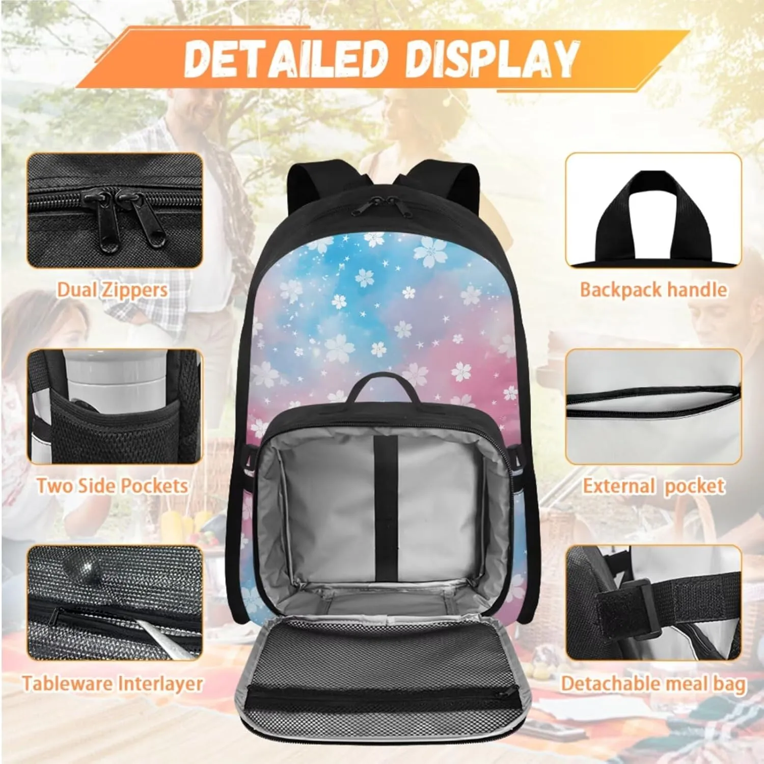 Babrukda Kids Outdoor Backpack Set with Insulated Lunch Bag, 4Pcs School Suppies Set for Girls 17 Inch School Backpack Set with Pencil Case Storage, Cherry Blossoms Keychain Lanyard
