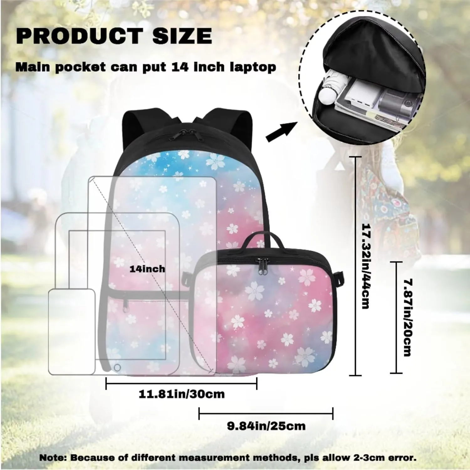 Babrukda Kids Outdoor Backpack Set with Insulated Lunch Bag, 4Pcs School Suppies Set for Girls 17 Inch School Backpack Set with Pencil Case Storage, Cherry Blossoms Keychain Lanyard