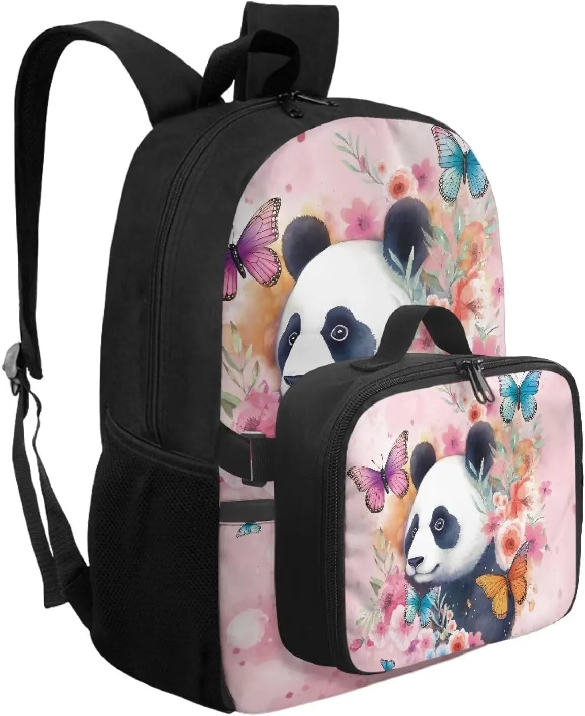 Babrukda Kids School Backpack for Boys Girls Insulated Lunch Bag, 17 Inch Bagpack with Lunch Holder Case, Butterfly Panda Outdoor Backpack for Picnic Travel Food Storage Container with Handles