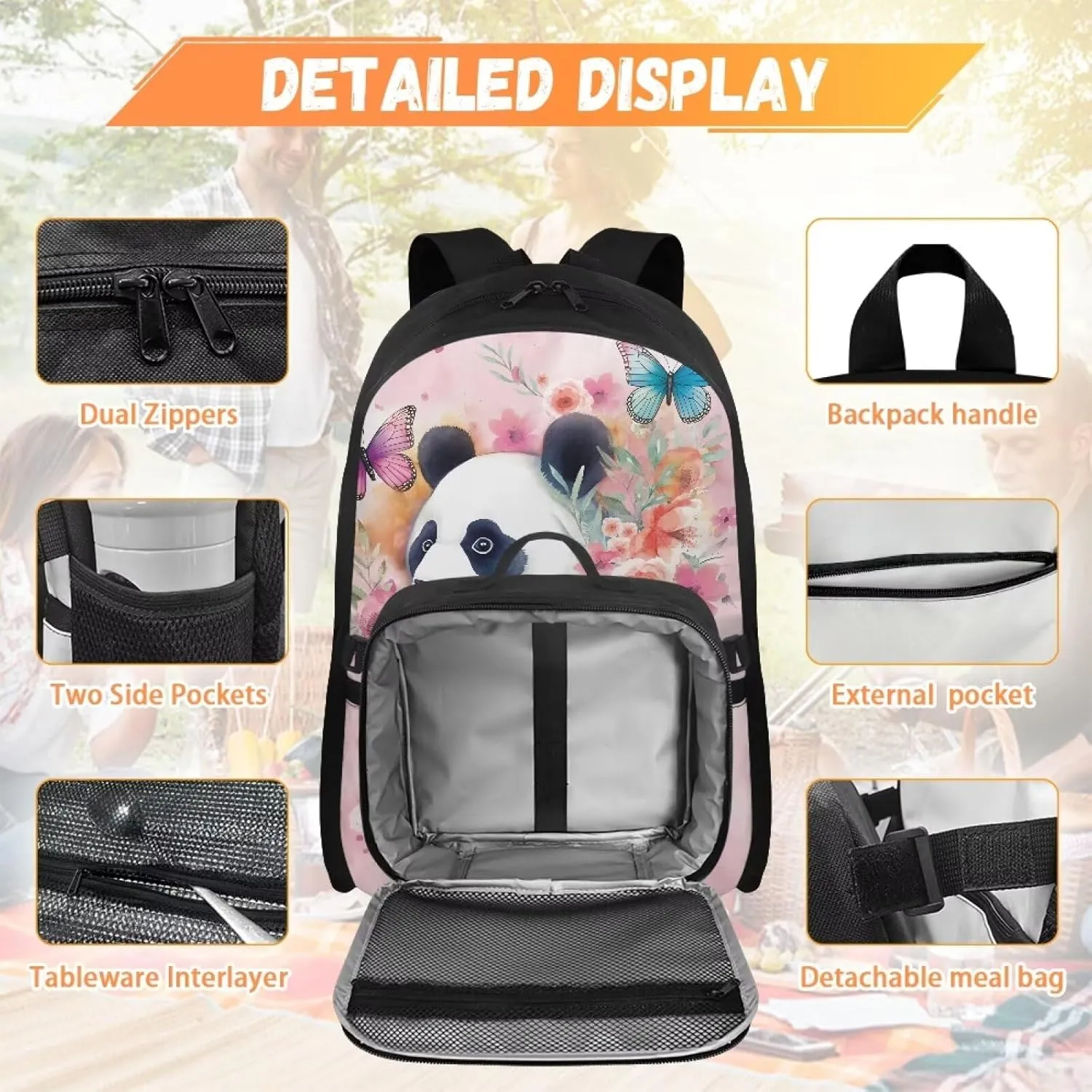 Babrukda Kids School Backpack for Boys Girls Insulated Lunch Bag, 17 Inch Bagpack with Lunch Holder Case, Butterfly Panda Outdoor Backpack for Picnic Travel Food Storage Container with Handles