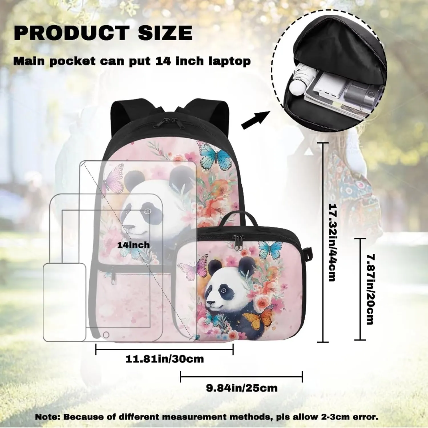 Babrukda Kids School Backpack for Boys Girls Insulated Lunch Bag, 17 Inch Bagpack with Lunch Holder Case, Butterfly Panda Outdoor Backpack for Picnic Travel Food Storage Container with Handles
