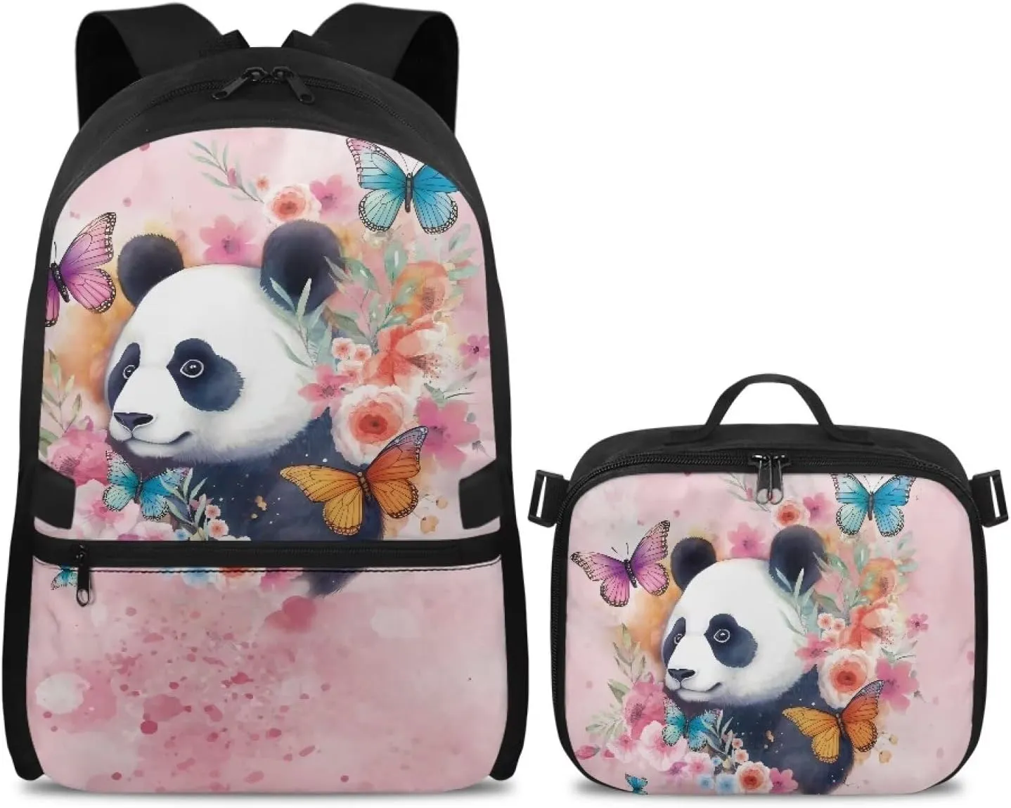 Babrukda Kids School Backpack for Boys Girls Insulated Lunch Bag, 17 Inch Bagpack with Lunch Holder Case, Butterfly Panda Outdoor Backpack for Picnic Travel Food Storage Container with Handles