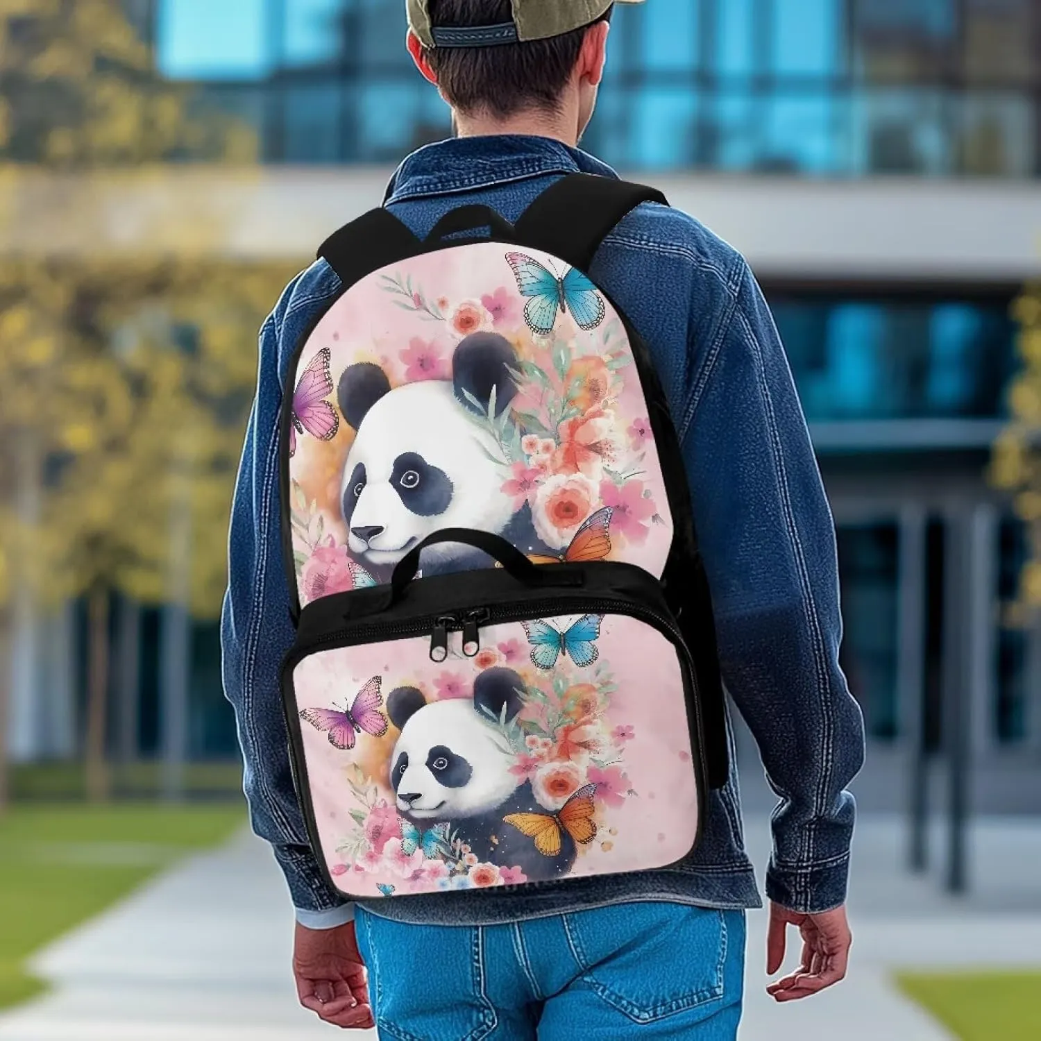 Babrukda Kids School Backpack for Boys Girls Insulated Lunch Bag, 17 Inch Bagpack with Lunch Holder Case, Butterfly Panda Outdoor Backpack for Picnic Travel Food Storage Container with Handles