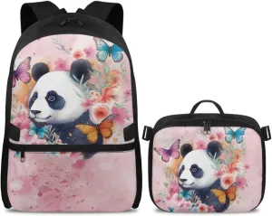 Babrukda Kids School Backpack for Boys Girls Insulated Lunch Bag, 17 Inch Bagpack with Lunch Holder Case, Butterfly Panda Outdoor Backpack for Picnic Travel Food Storage Container with Handles