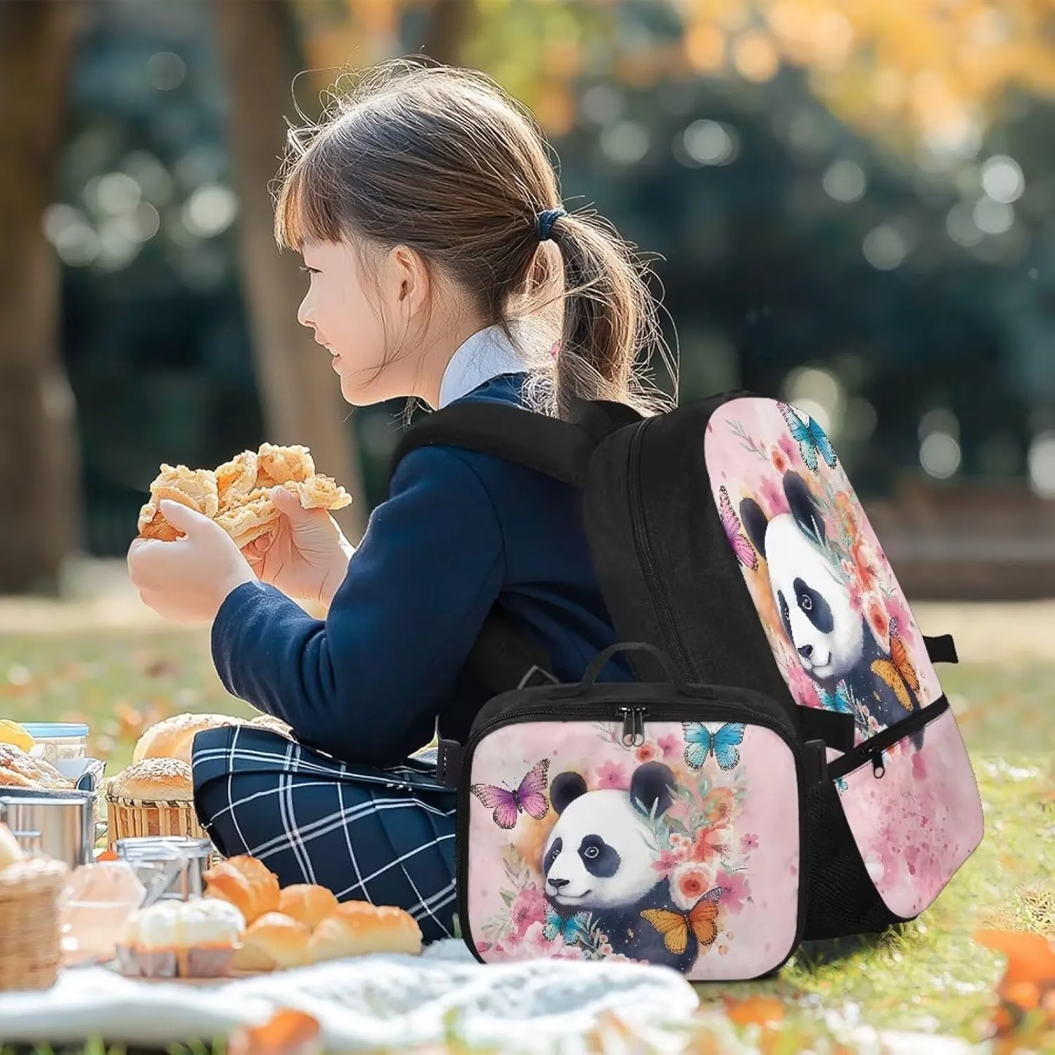 Babrukda Kids School Backpack for Boys Girls Insulated Lunch Bag, 17 Inch Bagpack with Lunch Holder Case, Butterfly Panda Outdoor Backpack for Picnic Travel Food Storage Container with Handles