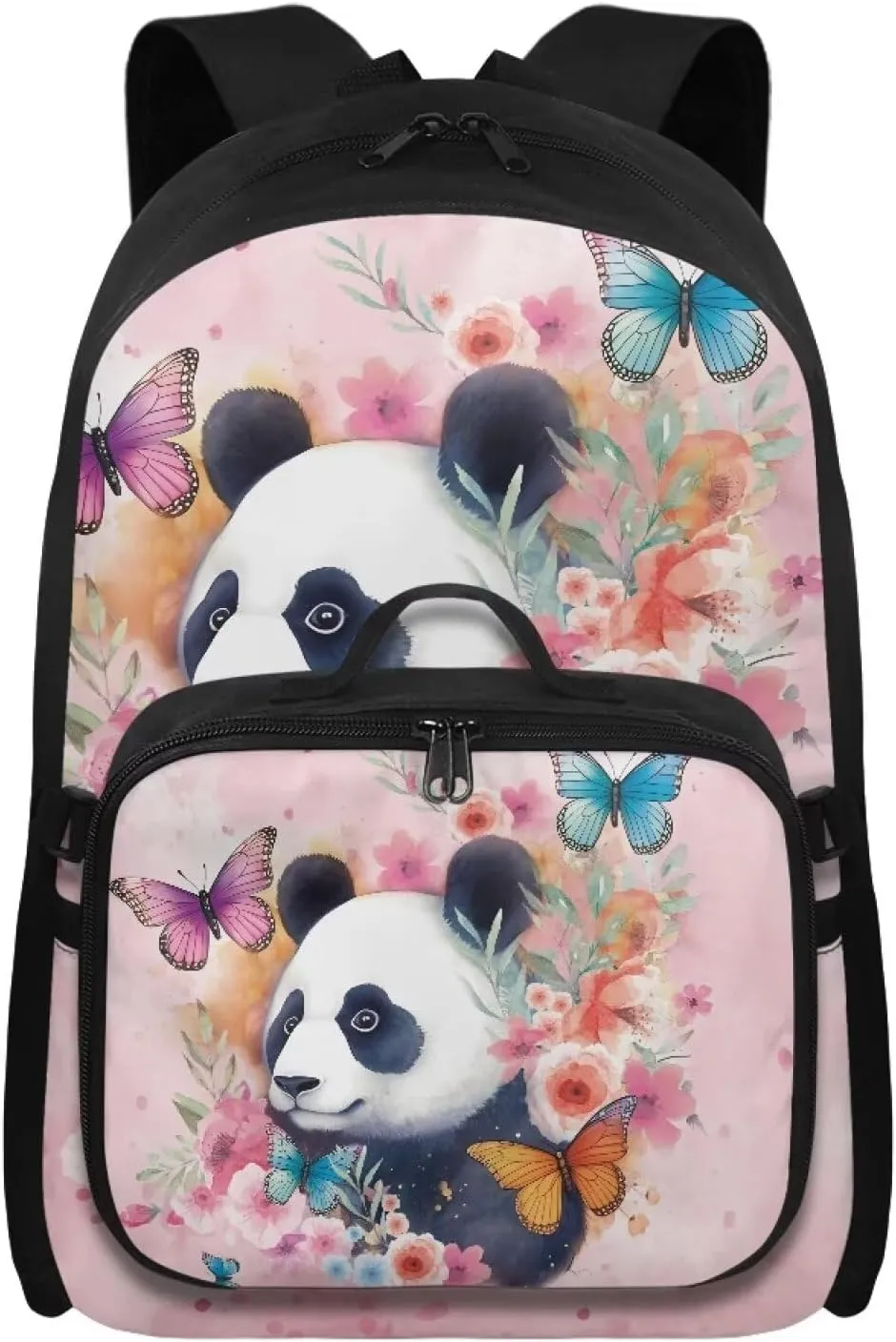 Babrukda Kids School Backpack for Boys Girls Insulated Lunch Bag, 17 Inch Bagpack with Lunch Holder Case, Butterfly Panda Outdoor Backpack for Picnic Travel Food Storage Container with Handles