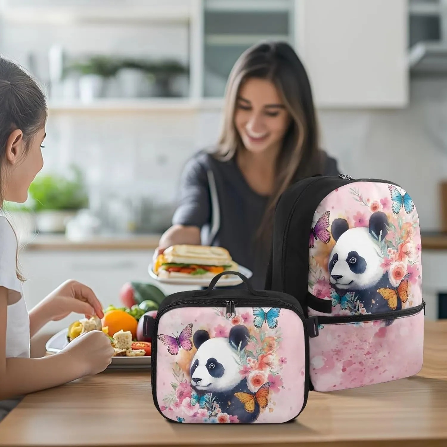 Babrukda Kids School Backpack for Boys Girls Insulated Lunch Bag, 17 Inch Bagpack with Lunch Holder Case, Butterfly Panda Outdoor Backpack for Picnic Travel Food Storage Container with Handles
