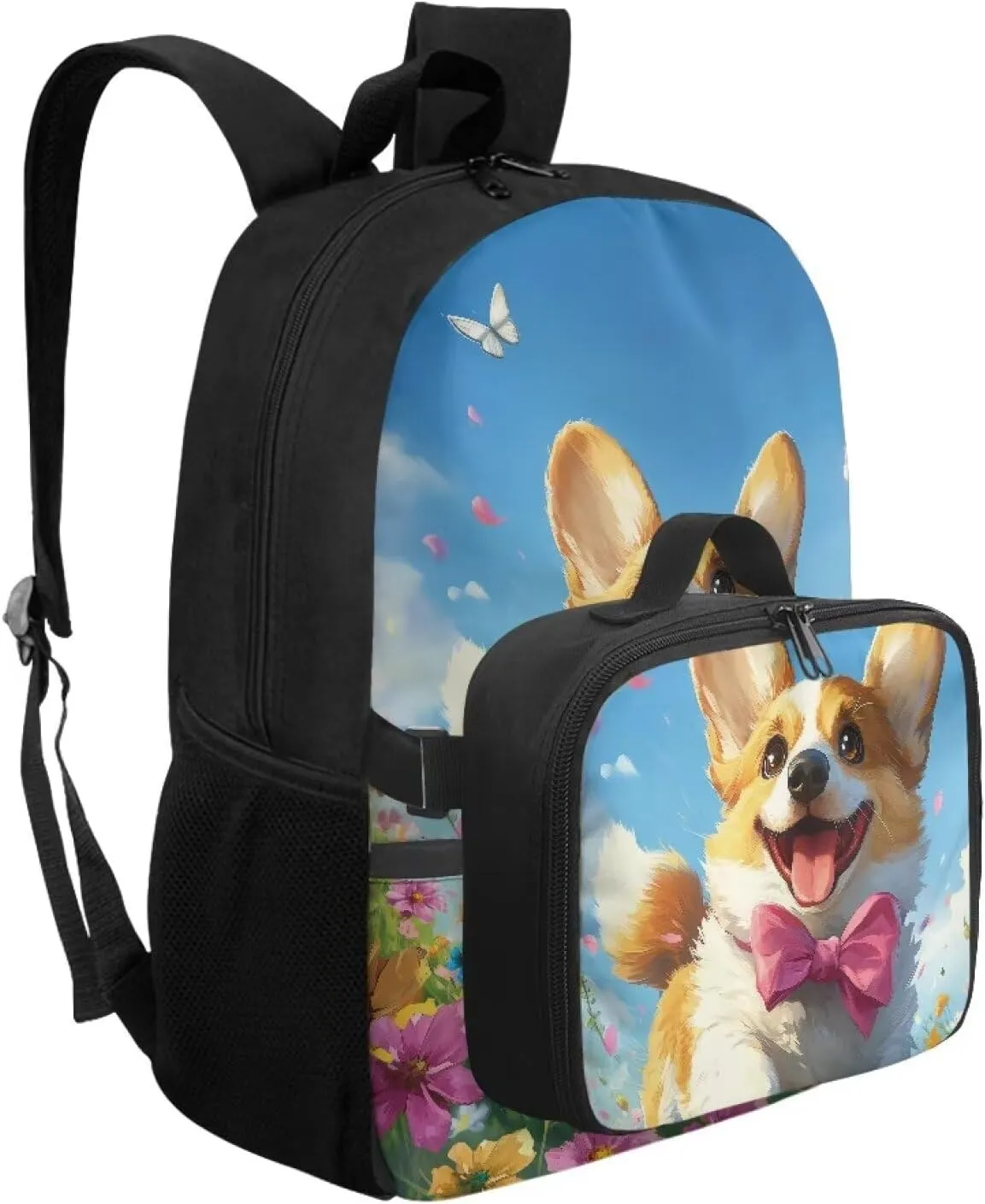 Babrukda Kids School Backpack for Boys Girls Insulated Lunch Bag, 17 Inch Bagpack with Lunch Holder Case, Floral Cute Corgi Outdoor Backpack for Picnic Travel Food Storage Container