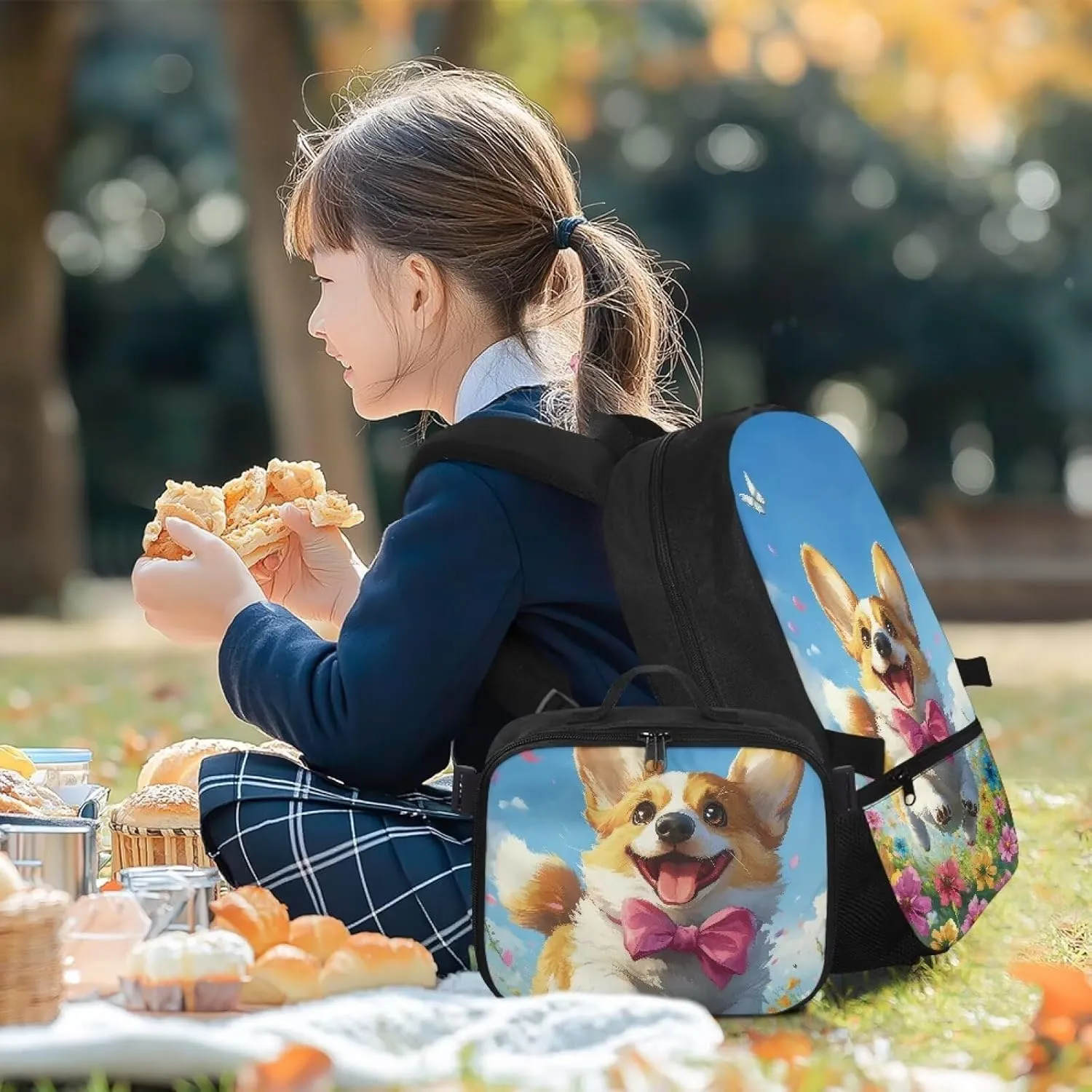 Babrukda Kids School Backpack for Boys Girls Insulated Lunch Bag, 17 Inch Bagpack with Lunch Holder Case, Floral Cute Corgi Outdoor Backpack for Picnic Travel Food Storage Container