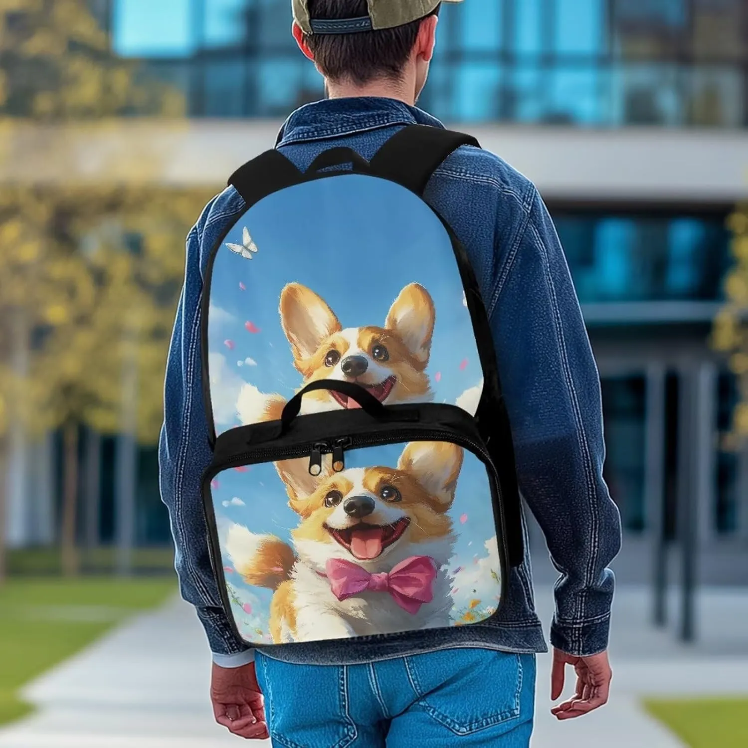 Babrukda Kids School Backpack for Boys Girls Insulated Lunch Bag, 17 Inch Bagpack with Lunch Holder Case, Floral Cute Corgi Outdoor Backpack for Picnic Travel Food Storage Container